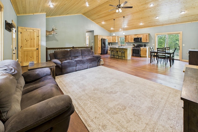 1268 Nellie Lake Ln NE, Longville, MN 56655 - living area featuring wooden ceiling, a ceiling fan, light wood-style floors, and vaulted ceiling