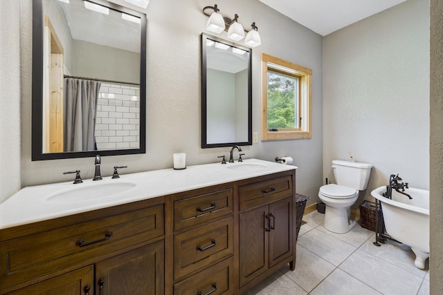 1268 Nellie Lake Ln NE, Longville, MN 56655 - full bath with double vanity, toilet, a freestanding tub, tile patterned floors, and a shower with curtain