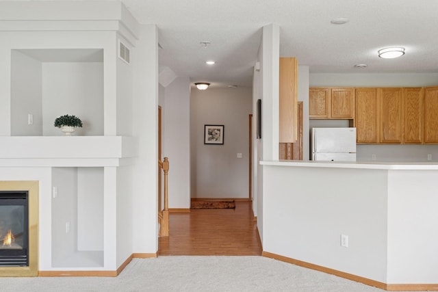 1848 111th Ave NE, Blaine, MN 55449 - kitchen with freestanding refrigerator, a glass covered fireplace, carpet floors, and baseboards