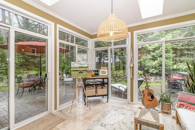 8167 Galway Cir, Woodbury, MN 55125 - sunroom / solarium with crown molding, a skylight, and tile patterned flooring