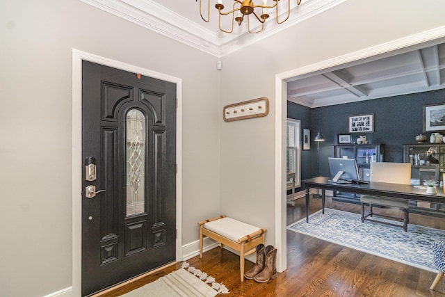 8167 Galway Cir, Woodbury, MN 55125 - entryway featuring a chandelier, coffered ceiling, crown molding, dark wood-style flooring, and baseboards