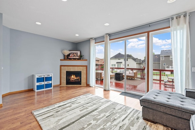 11230 68th St NE, Albertville, MN 55301 - living area with wood finished floors, a tile fireplace, and recessed lighting