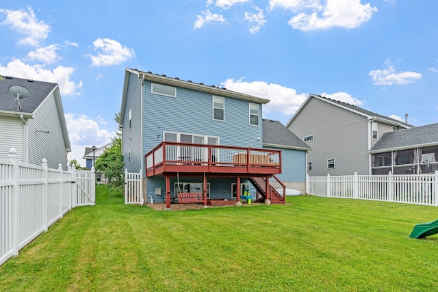 11230 68th St NE, Albertville, MN 55301 - back of house featuring a deck, stairway, a sunroom, and a fenced backyard