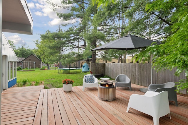 303 77th St, Chanhassen, MN 55317 - wooden terrace with a trampoline and a fire pit