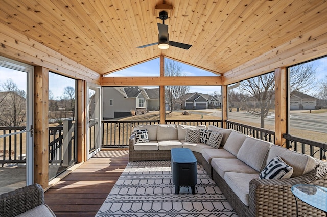 3297 Thornton Dr SW, Prior Lake, MN 55372 - sunroom featuring an outdoor living space, a ceiling fan, lofted ceiling, and a residential view