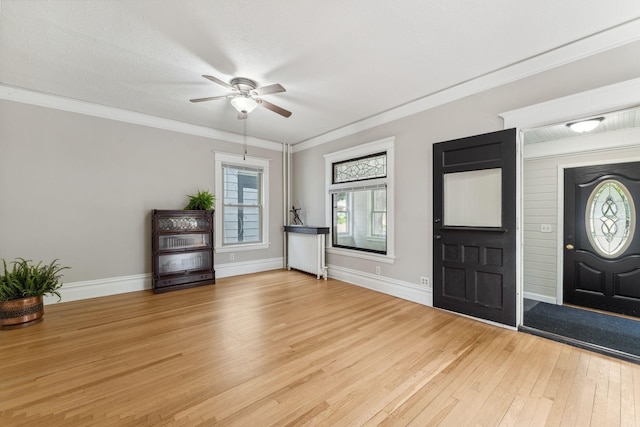 1744 Marshall Ave, Saint Paul, MN 55104 - foyer entrance featuring light wood-type flooring, a ceiling fan, baseboards, healthy amount of natural light, and crown molding