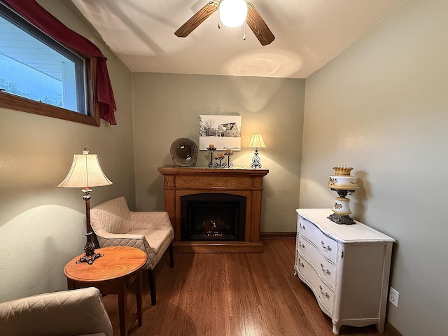 288 Locust St, Dawson, MN 56232 - living area featuring wood finished floors, ceiling fan, a fireplace, and baseboards