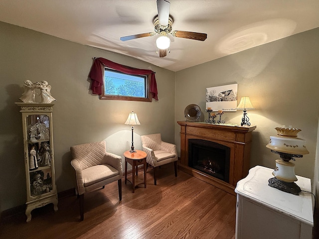 288 Locust St, Dawson, MN 56232 - living area with wood finished floors, a fireplace, and a ceiling fan