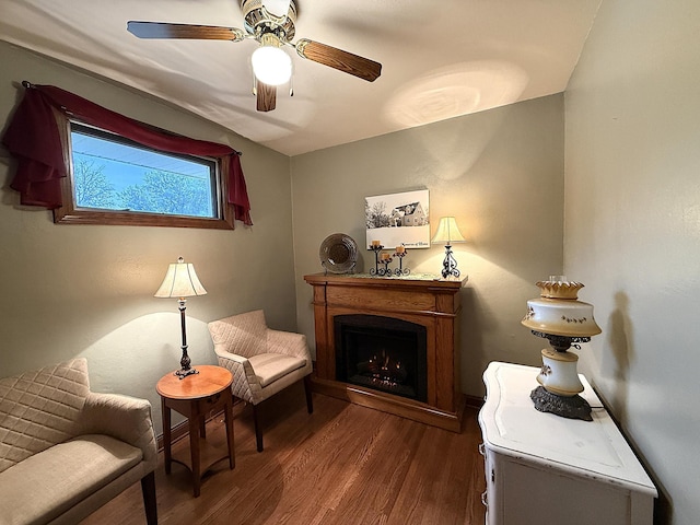 288 Locust St, Dawson, MN 56232 - sitting room featuring wood finished floors, a lit fireplace, and a ceiling fan