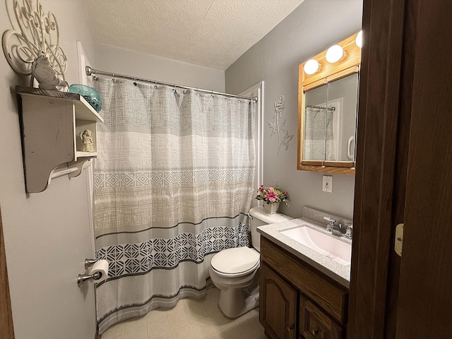 288 Locust St, Dawson, MN 56232 - bathroom with vanity, toilet, a textured ceiling, and a shower with shower curtain