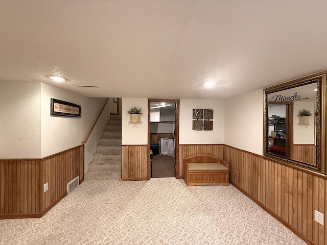 288 Locust St, Dawson, MN 56232 - finished basement featuring a textured ceiling, wainscoting, wooden walls, carpet floors, and stairs