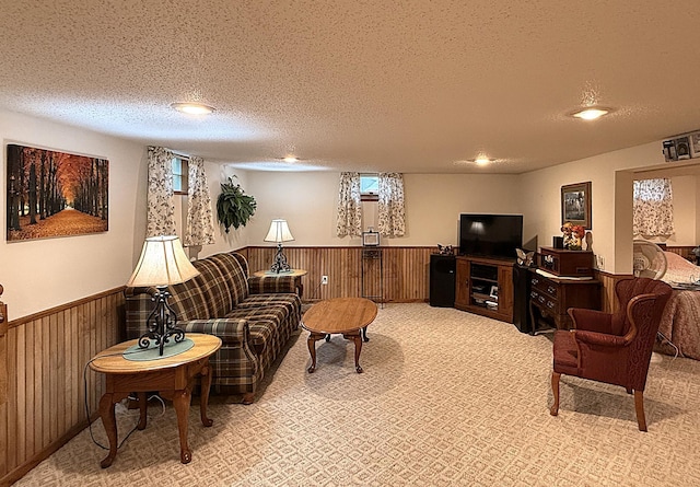 288 Locust St, Dawson, MN 56232 - living area featuring a wainscoted wall, a textured ceiling, wood walls, and light carpet