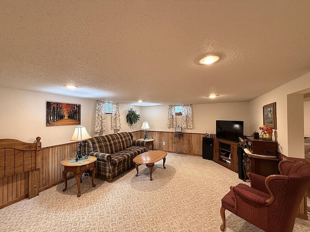 288 Locust St, Dawson, MN 56232 - living room featuring wainscoting, a textured ceiling, light carpet, and wooden walls