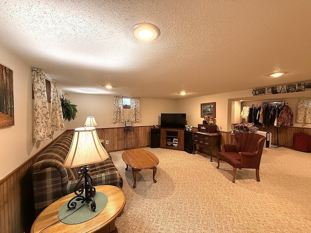 288 Locust St, Dawson, MN 56232 - living room featuring wainscoting, a textured ceiling, carpet flooring, and wood walls