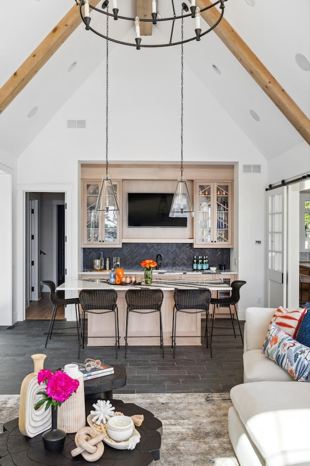 2475 Dunwoody Ave, Orono, MN 55391 - living room featuring high vaulted ceiling, beamed ceiling, and dark wood-style floors