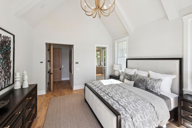 2475 Dunwoody Ave, Orono, MN 55391 - bedroom with a chandelier, baseboards, light wood-style flooring, high vaulted ceiling, and beamed ceiling