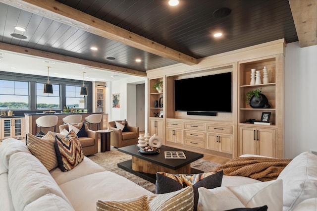 2475 Dunwoody Ave, Orono, MN 55391 - living room featuring light wood-style floors, wine cooler, recessed lighting, and wood ceiling with exposed beams