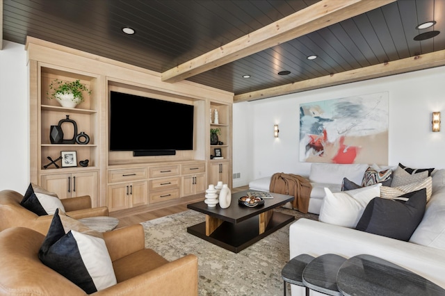 2475 Dunwoody Ave, Orono, MN 55391 - living room with light wood-style floors, wood ceiling with exposed beams, and built in shelves