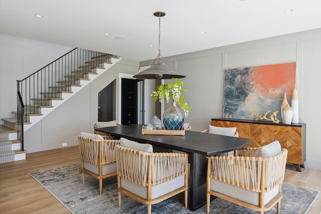 2475 Dunwoody Ave, Orono, MN 55391 - dining room featuring stairway, wood finished floors, and recessed lighting