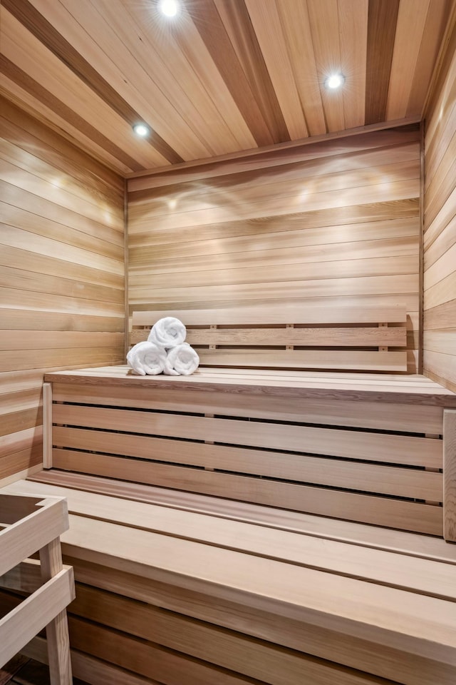 2475 Dunwoody Ave, Orono, MN 55391 - sauna with recessed lighting, wooden ceiling, and wooden walls