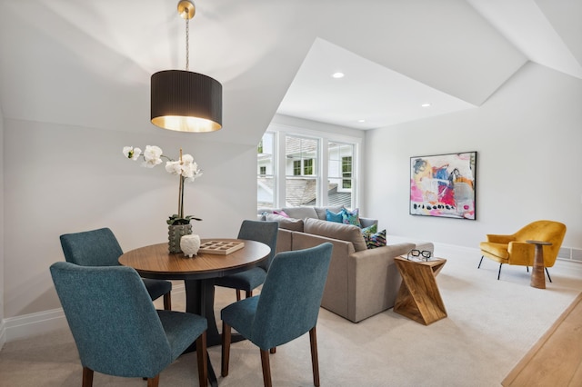 2475 Dunwoody Ave, Orono, MN 55391 - dining area with light carpet, baseboards, vaulted ceiling, and recessed lighting