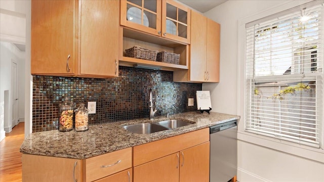 3400 List Pl Unit 1, Minneapolis, MN 55416 - kitchen with dishwasher, a sink, tasteful backsplash, light stone countertops, and light wood-style flooring