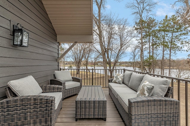 10267 Ferry Point Pl NW, Watab Twp, MN 56367 - wooden terrace featuring an outdoor hangout area and a water view