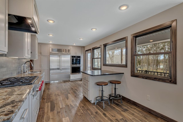 10267 Ferry Point Pl NW, Watab Twp, MN 56367 - kitchen with stainless steel appliances, a sink, a kitchen breakfast bar, dark wood-style flooring, and custom exhaust hood