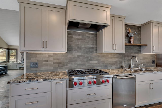10267 Ferry Point Pl NW, Watab Twp, MN 56367 - kitchen featuring appliances with stainless steel finishes, a sink, stone countertops, open shelves, and tasteful backsplash