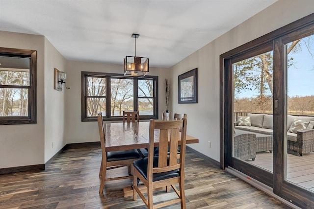 10267 Ferry Point Pl NW, Watab Twp, MN 56367 - dining area featuring plenty of natural light, dark wood-style floors, a chandelier, and baseboards