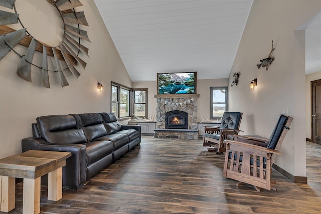 10267 Ferry Point Pl NW, Watab Twp, MN 56367 - living room featuring healthy amount of natural light, a stone fireplace, wood finished floors, and high vaulted ceiling