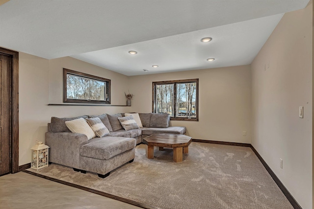 10267 Ferry Point Pl NW, Watab Twp, MN 56367 - living room featuring baseboards, light colored carpet, and recessed lighting