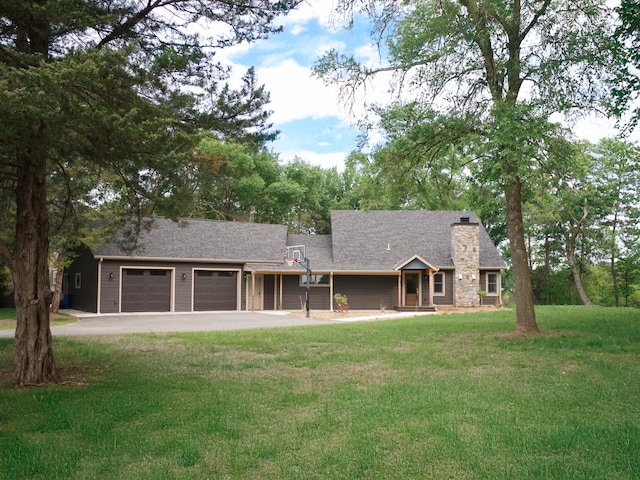 10267 Ferry Point Pl NW, Watab Twp, MN 56367 - ranch-style house featuring an attached garage, a front lawn, a chimney, and driveway