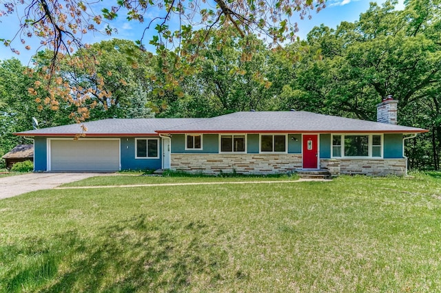20257 Viking Blvd NE, Wyoming, MN 55092 - ranch-style home featuring stone siding, an attached garage, a chimney, and a front yard