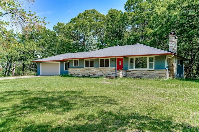 20257 Viking Blvd NE, Wyoming, MN 55092 - ranch-style house with stone siding, a garage, a chimney, and a front lawn