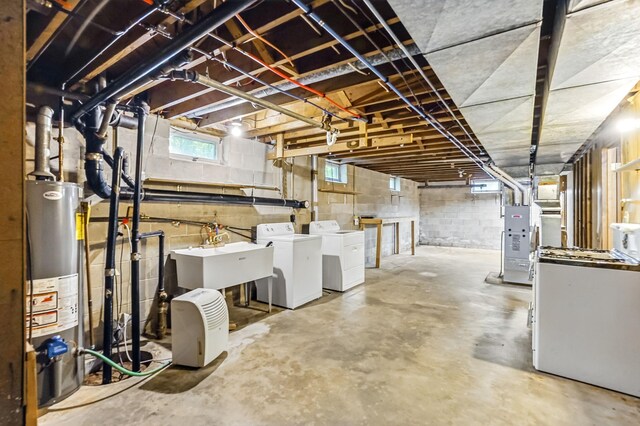 20257 Viking Blvd NE, Wyoming, MN 55092 - below grade area featuring gas water heater, washing machine and clothes dryer, a sink, and heating unit