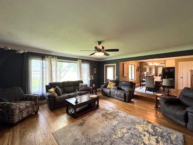 208 Mason Ave, Verndale, MN 56481 - living room featuring a textured ceiling, wood finished floors, a ceiling fan, and a chandelier