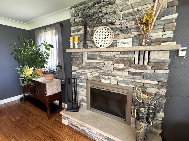 208 Mason Ave, Verndale, MN 56481 - detailed view of a fireplace, wood finished floors, and baseboards