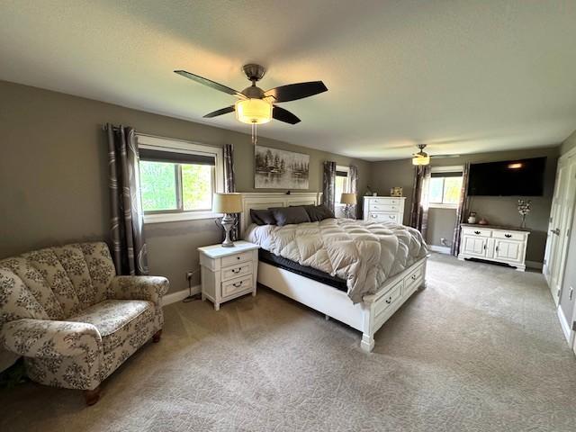 208 Mason Ave, Verndale, MN 56481 - carpeted bedroom featuring multiple windows, baseboards, and ceiling fan