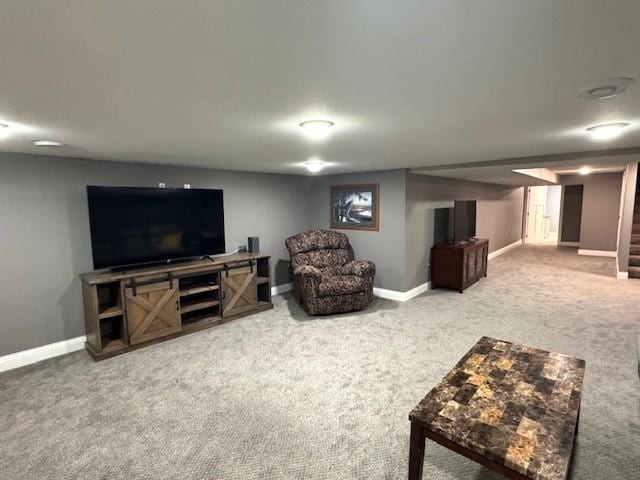 208 Mason Ave, Verndale, MN 56481 - living room featuring carpet, baseboards, and stairs