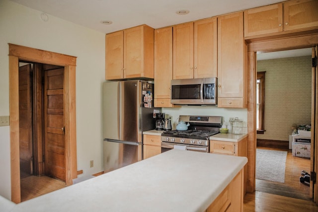 210 6th St, Morris, MN 56267 - kitchen featuring stainless steel appliances, wood finished floors, light countertops, light brown cabinets, and recessed lighting