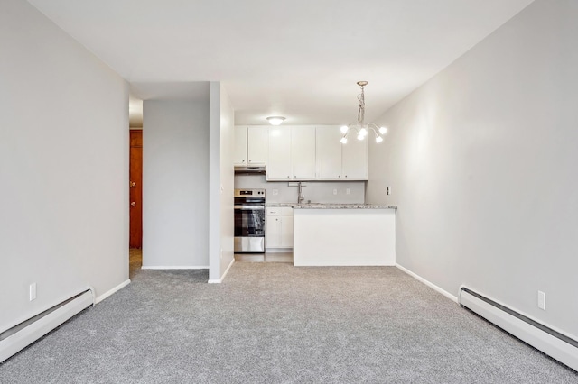 4029 14th Ave S Unit 14G, Minneapolis, MN 55407 - unfurnished living room with a baseboard heating unit, light carpet, a chandelier, and baseboards