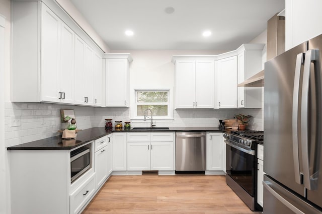 1836 Marshall Ave, Saint Paul, MN 55104 - kitchen with appliances with stainless steel finishes, decorative backsplash, dark countertops, white cabinets, and recessed lighting