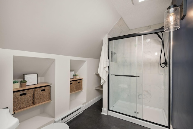 1836 Marshall Ave, Saint Paul, MN 55104 - bathroom with baseboard heating, a shower stall, lofted ceiling, and tile patterned flooring