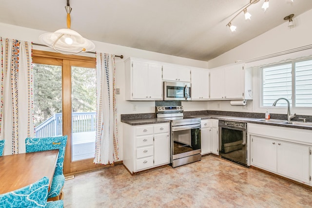 2723 Innsbruck Dr, New Brighton, MN 55112 - kitchen featuring stainless steel appliances, a sink, dark countertops, white cabinetry, and lofted ceiling