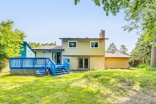 2723 Innsbruck Dr, New Brighton, MN 55112 - back of house featuring a wooden deck, a chimney, a lawn, and french doors