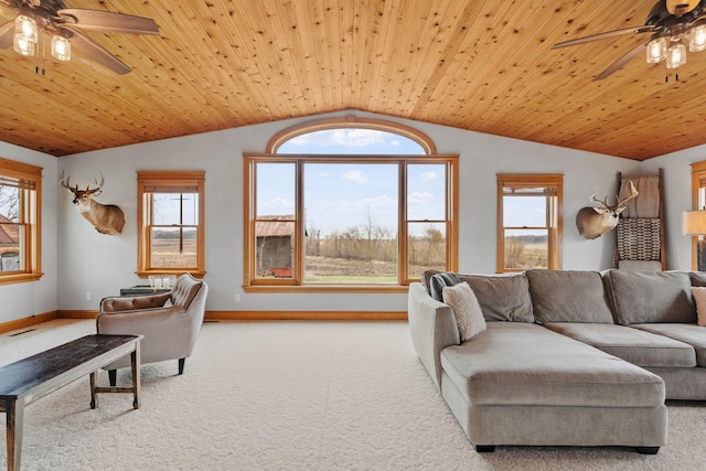 27151 Aberdeen Ave, New Prague, MN 56071 - carpeted living area featuring ceiling fan, vaulted ceiling, baseboards, and wood ceiling