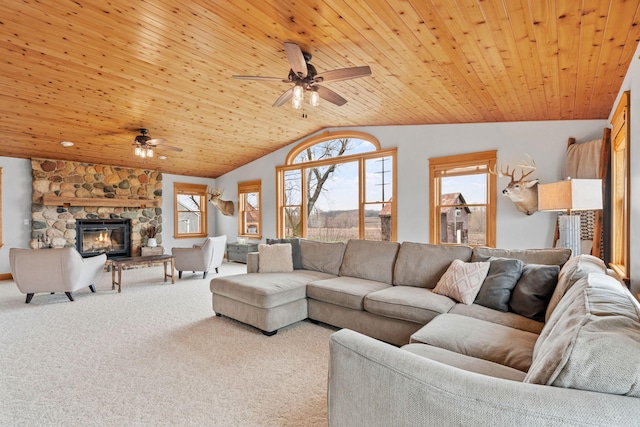 27151 Aberdeen Ave, New Prague, MN 56071 - living room featuring lofted ceiling, ceiling fan, carpet, wooden ceiling, and a fireplace