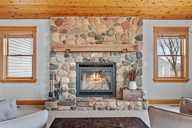 27151 Aberdeen Ave, New Prague, MN 56071 - detailed view of wooden ceiling, baseboards, a fireplace, and carpet floors