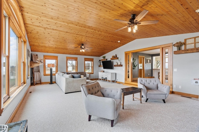 27151 Aberdeen Ave, New Prague, MN 56071 - carpeted living area with a ceiling fan, lofted ceiling, baseboards, and wood ceiling
